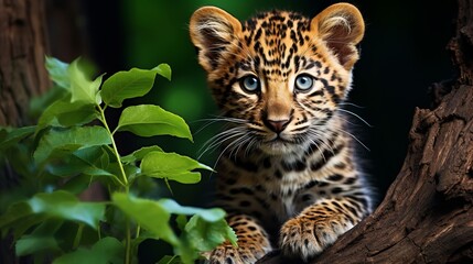 Majestic amur leopard close up portrait in natural habitat, wildlife photography - obrazy, fototapety, plakaty