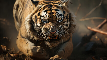 Furious wild tiger approaching prey, close up