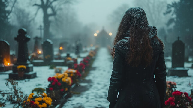 A woman in a cemetery in winter