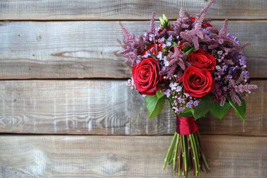Rustic wedding bouquet with red rose and lilac flowers on wooden background