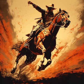 Cowboy riding bucking bronco horses image Generative AI