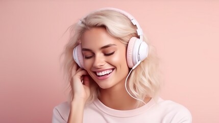 Smiling woman listening to music, stylish blonde girl in headphones and sweater on a plain pastel background.
