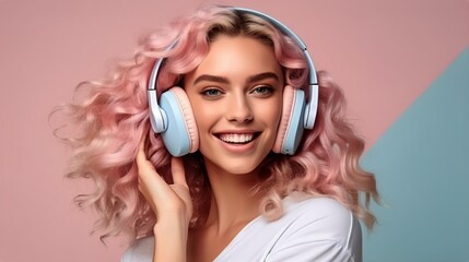Fototapeta premium Smiling woman listening to music, stylish girl with pink hair in headphones and sweater on a plain pastel background. 