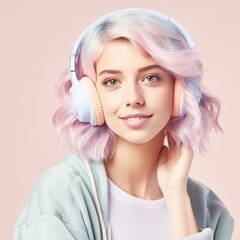 Smiling woman listening to music, stylish girl with pink hair in headphones and sweater on a plain pastel background.

