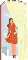 Young woman in fashionable dress standing by the window with flowing curtains. Modern female character at home. Stylish lady enjoying daylight vector illustration