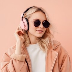 Naklejka premium Smiling woman listening to music, stylish blonde girl in headphones and sweater on a plain pastel background. 