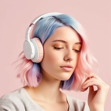 Smiling woman listening to music, stylish girl with blue hair wearing pink headphones and a sweater on a pink background.
