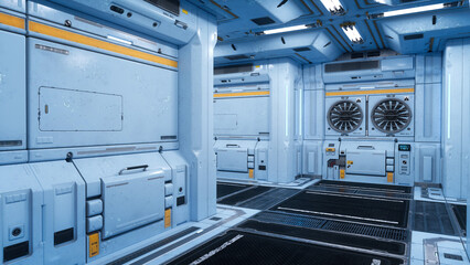 Interior corridor of a futuristic cyberpunk industrial building. 3D illustration.