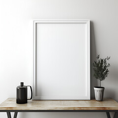 Blank picture frame with white background hanging or leaning against a wall. Perfect for mockups. Minimalist style