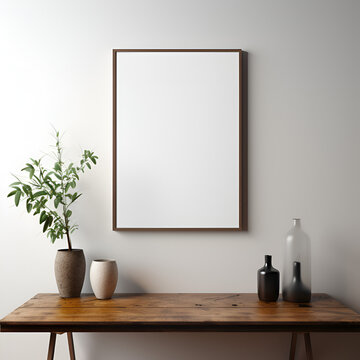 Blank picture frame with white background hanging or leaning against a wall. Perfect for mockups. Minimalist style