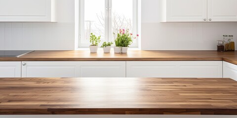 Fototapeta na wymiar White kitchen with wooden countertops.