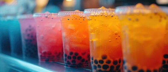 Boba tea with cassava starch balls in a snack bar, bright lighting and colorful palette