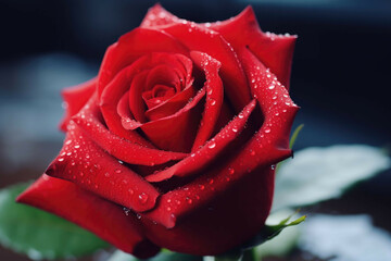 A close-up shot of a single red rose with a single drop of water on the petal, symbolizing the beauty and fragility of love