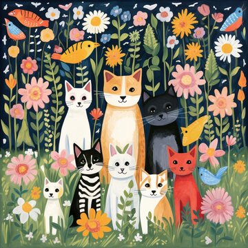 Different colors cats and dog flower background images Generative AI