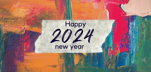 Happy new year 2024 with multi paint background color stars and decorations.