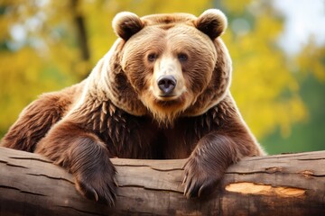 Obraz premium Majestic Monarch, An Enchanting Encounter With a Mighty Brown Bear Perched Atop a Timeless Log
