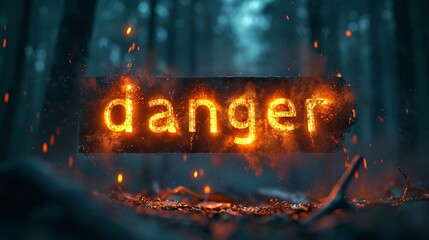 The inscription "danger" burns with an orange flame in the dark forest, creating an atmosphere of warning and alarm. Concept: threat to life from fire or smoke
