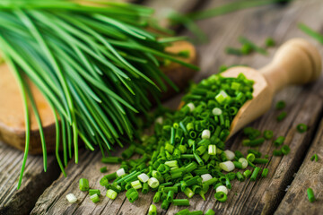 Bunch of fresh chives on a wooden cutting board, selective focus - obrazy, fototapety, plakaty