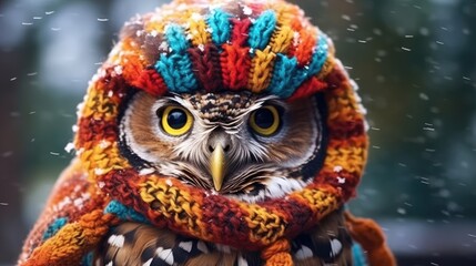 Funny portrait of an owl in a knitted hat and scarf. Funny animals, prints for clothes and paper, stationery. Posters, wallpapers with an owl. Winter collection of knitted clothes. Goods for pets.
