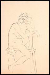 Black charcoal on colored paper quick sketch capturing the grace and poise of a female model in a studio setting. An artistic drawing of the human form.