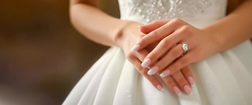 Elegant Wedding Ring on a Bride's Finger. A close-up showcases a sparkling diamond on a delicate band, the bride's dress providing a soft background. Panorama with copy space.