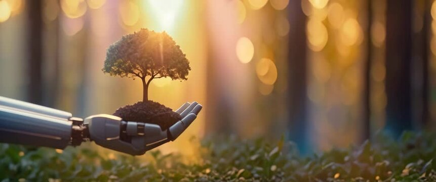 Robotic Hand Cradling a Young Tree at Sunset. Earth Day and Arbor Day concept. A metallic robot arm holds a sapling with care against a forest backdrop. Panorama with copy space.