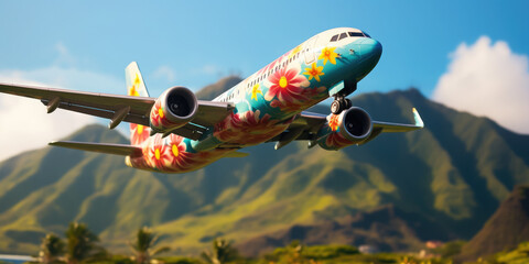 an airplane decorated with flowers flies across the sky, summer travel, flight to Hawaii, air transport, tourism, nature, beauty, vacation, tropics, height, speed, garland