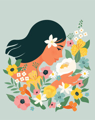 Happy Women's Day March 8! Cute cards and posters for the spring holiday. Vector illustration of Young girl enjoying the beauty of spring wildflowers