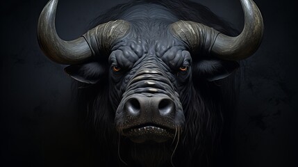 Majestic bull with powerful horns posing confidently against a dramatic black background