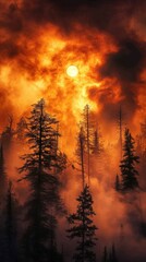 Forest fires. The flames engulf the trees, giving them an orange hue.