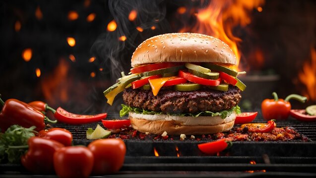 Preparing burgers on the grill amidst red hot pepper and flames on black background. food