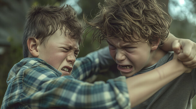 Two boys engaged in an aggressive confrontation