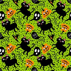 Halloween cartoon animals seamless cats and pumpkins and ghost pattern for wrapping paper and fabrics