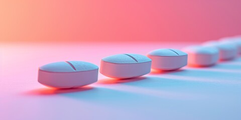 Pills, scattered on light pink and purple background, copy space, banner. Concept: medicine, healthcare, pharmaceuticals