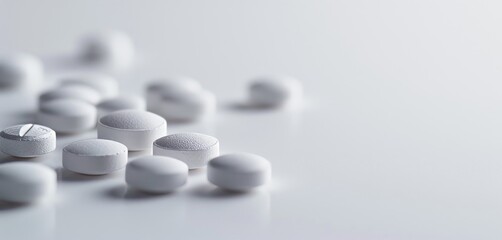 White pills, scattered on white background, copy space, banner. Concept: medicine, healthcare, pharmaceuticals