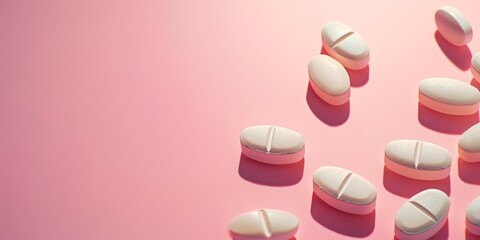 Pills, scattered on pink background, copy space, banner. Concept: medicine, healthcare, pharmaceuticals