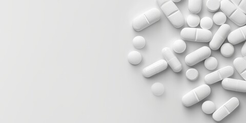 White pills, scattered on white background, copy space, banner. Concept: medicine, healthcare, pharmaceuticals