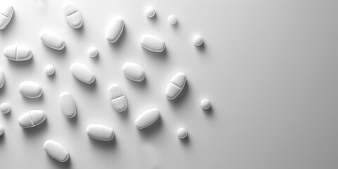 White pills, scattered on white background, copy space, banner. Concept: medicine, healthcare, pharmaceuticals