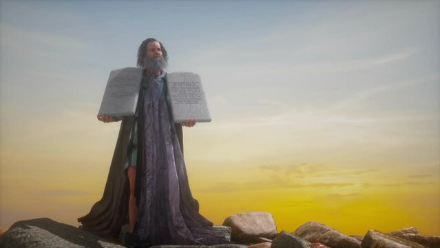 The Biblical prophet Moses holds the tablets with the Ten Commandments render 3d