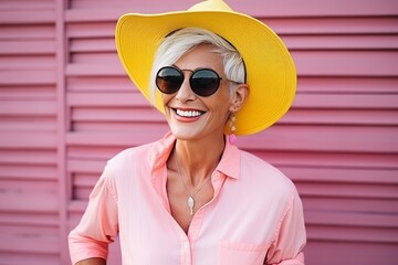Portrait of a happy senior woman wearing sunglasses and a yellow hat.