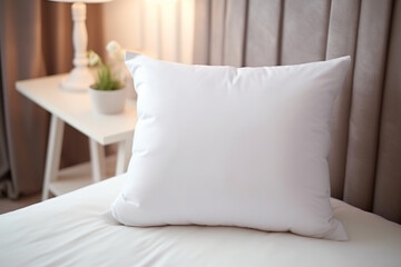 White pillow case mockup template. Blank soft pillow on the bed in bedroom