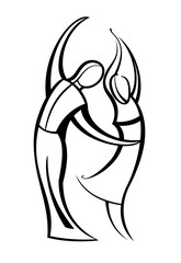 Happy cute  man and woman dancing . Romantic young wedding couple holding hands and spinning around. Draw design graphic vector