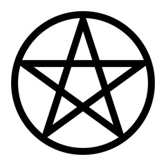 Pentagram circumscribed by a circle. Five-pointed star sign. Magical symbol of faith. Simple flat black illustration. - obrazy, fototapety, plakaty