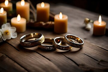 rings and candles on wooden background