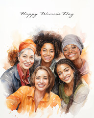 Multigenerational and multiracial women celebrating friendship and unity. Women's day concept in watercolor style greeting card - 712766007