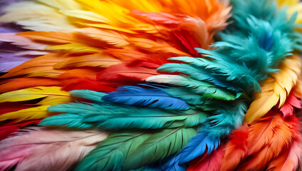 Multicolored feathers closeup background tropical