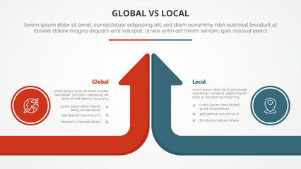 global vs local versus comparison opposite infographic concept for slide presentation with long arrow bar top direction with flat style