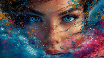 Captivating image portraying a close up woman's face. Mesmerizing fusion of colorful paint splashes.  Captivating gaze Harmony of the composition, emotionally resonant artwork. 