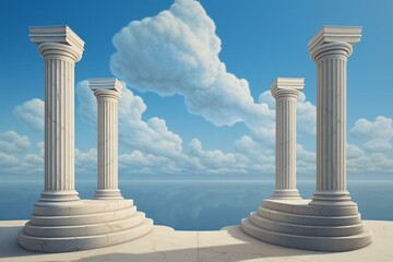 Concept of knowledge and politics symbolized by four stone pillars and staircase against a serene blue sky. Artistic depiction. Generative AI - obrazy, fototapety, plakaty