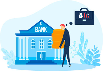 Businessman carrying coins to bank. Male in suit deposits savings. Financial investment and banking vector illustration.